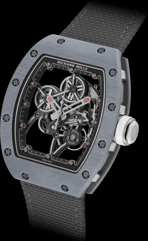 理查米尔,非陀飞轮 37.95x47.30毫米,37.95x47.30毫米,Quartz TPT® 复合石英碳纤维,精钢,黑色,手动上弦,55小时,自制机芯,RM 55,RM 55-01 Grey Quartz TPT