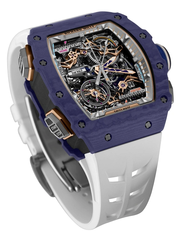 理查米尔,陀飞轮 43.23x49.65毫米,43.23x49.65毫米,Quartz TPT® 复合石英碳纤维,黑色,手动上弦,计时,动力储存指示,陀飞轮,飞返,自制机芯,蓝宝石,水晶玻璃,RM 41,RM 41-01 Tourbillon Soccer Dark Blue Quartz TPT