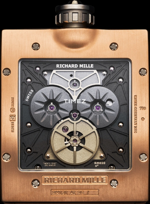 Richard Mille,Tourbillon 52x62mm,52x62mm,Rose Gold,Black,Handwound,Power Reserve Indicator,Tourbillon,RM 020 Pocket Watch RG