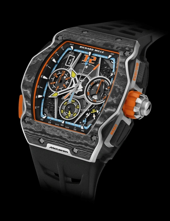Richard Mille,Not Tourbillon 43.84x49.94mm,43.84x49.94mm,Carbon TPT,Skeleton,Automatic,Chronograph,Day,Rattrapante,Function Selector,In-house Caliber,Sapphire,Crystal Glass,RM 65,RM 65-01 McLaren W1