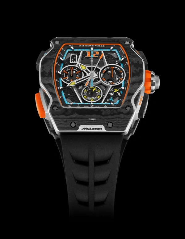 Richard Mille,Not Tourbillon 43.84x49.94mm,43.84x49.94mm,Carbon TPT,Skeleton,Automatic,Chronograph,Day,Rattrapante,Function Selector,In-house Caliber,Sapphire,Crystal Glass,RM 65,RM 65-01 McLaren W1