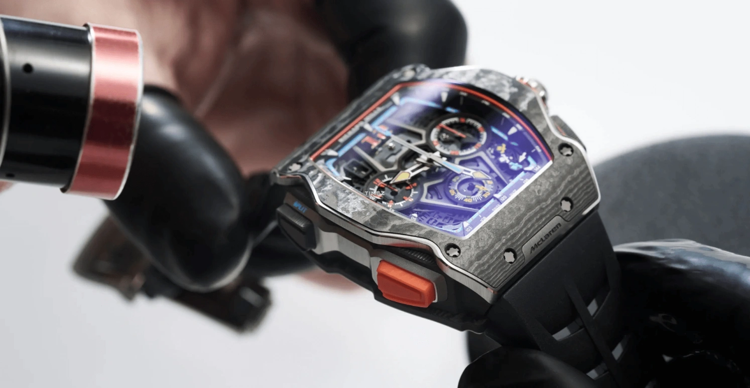 Richard Mille,Not Tourbillon 43.84x49.94mm,43.84x49.94mm,Carbon TPT,Skeleton,Automatic,Chronograph,Day,Rattrapante,Function Selector,In-house Caliber,Sapphire,Crystal Glass,RM 65,RM 65-01 McLaren W1