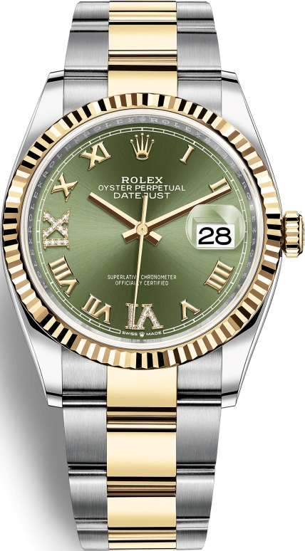 Rolex,Datejust 36 36mm,36mm,Yellow Gold,Stainless Steel,Green,Automatic,Day,70hours,126233,126233-0026