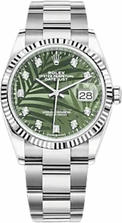 Rolex,Datejust 36 36mm,36mm,White Gold,Stainless Steel,Green,Automatic,Day,70hours,126234,126234-0056