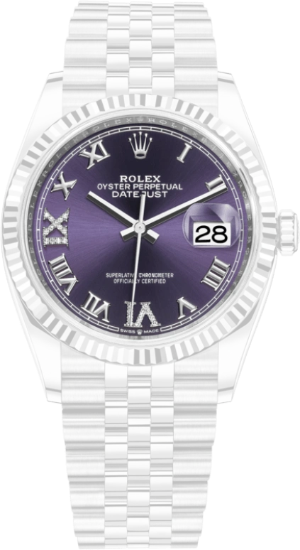 Rolex,Datejust 36 36mm,36mm,White Gold,Stainless Steel,Purple,Automatic,Day,70hours,126234,126234-0021