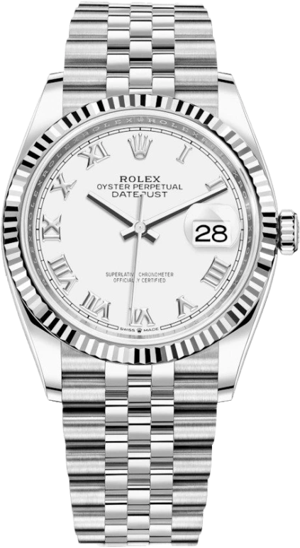 Rolex,Datejust 36 36mm,36mm,White Gold,Stainless Steel,White,Automatic,Day,70hours,126234,126234-0025