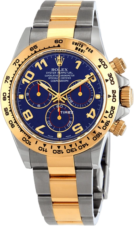 Rolex,Daytona 40mm,40mm,Stainless Steel,Stainless Steel,Yellow Gold,Blue,Automatic,Chronograph,72hours,116503,116503-0010