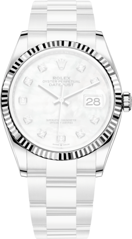 Rolex,Datejust 36 36mm,36mm,White Gold,Stainless Steel,White,Automatic,Day,70hours,126234,126234-0020