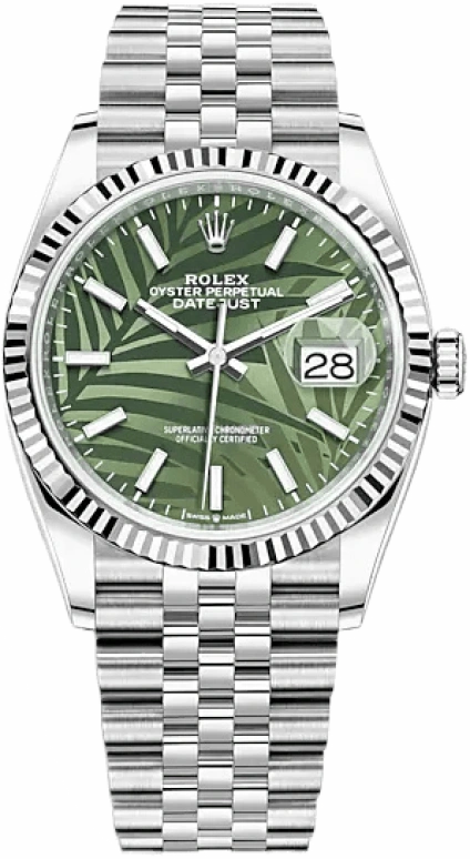 Rolex,Datejust 36 36mm,36mm,White Gold,Stainless Steel,Green,Automatic,Day,70hours,126234,126234-0047