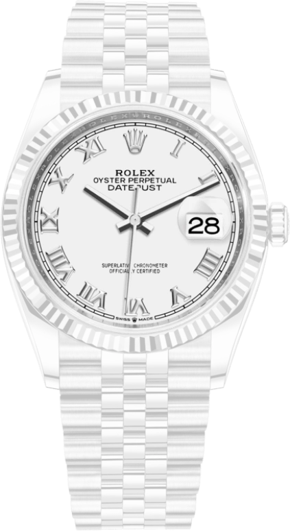 Rolex,Datejust 36 36mm,36mm,White Gold,Stainless Steel,White,Automatic,Day,70hours,126234,126234-0025