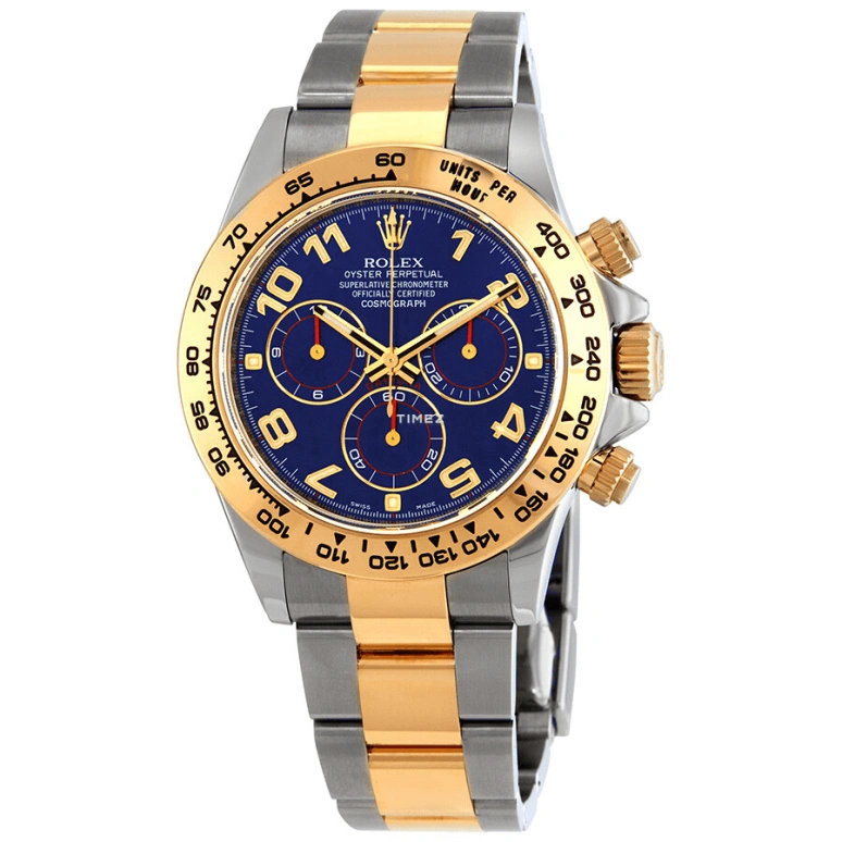 Rolex,Daytona 40mm,40mm,Stainless Steel,Stainless Steel,Yellow Gold,Blue,Automatic,Chronograph,72hours,116503,116503-0010