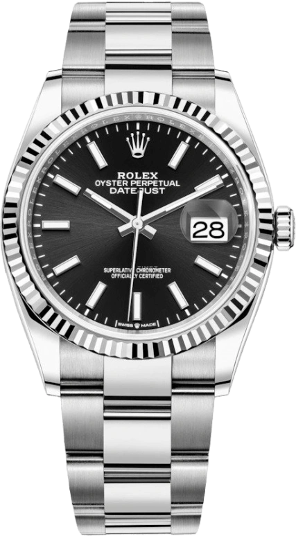 Rolex,Datejust 36 36mm,36mm,White Gold,Stainless Steel,Black,Automatic,Day,70hours,126234,126234-0016