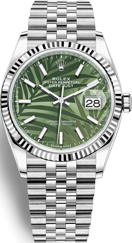 Rolex,Datejust 36 36mm,36mm,White Gold,Stainless Steel,Green,Automatic,Day,70hours,126234,126234-0047