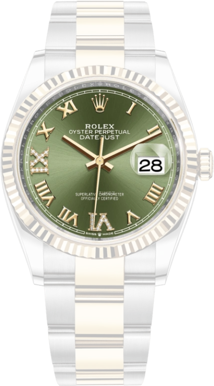 Rolex,Datejust 36 36mm,36mm,Yellow Gold,Stainless Steel,Green,Automatic,Day,70hours,126233,126233-0026