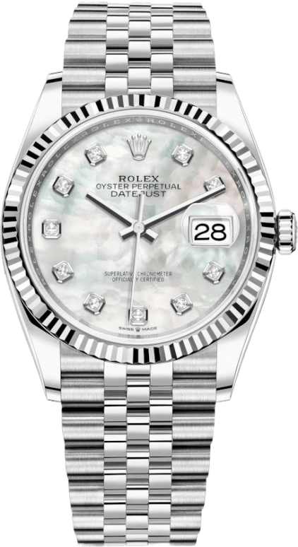 Rolex,Datejust 36 36mm,36mm,White Gold,Stainless Steel,White,Automatic,Day,70hours,126234,126234-0019