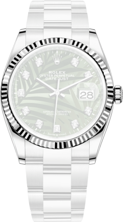 Rolex,Datejust 36 36mm,36mm,White Gold,Stainless Steel,Green,Automatic,Day,70hours,126234,126234-0056