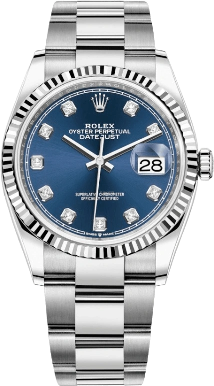 Rolex,Datejust 36 36mm,36mm,White Gold,Stainless Steel,Blue,Automatic,Day,70hours,126234,126234-0038