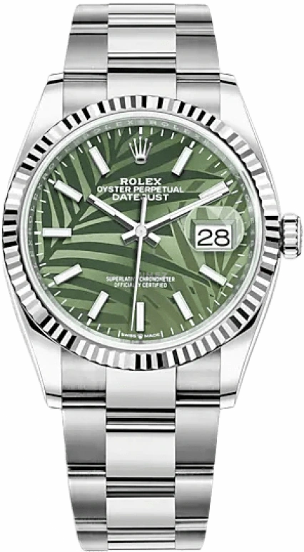 Rolex,Datejust 36 36mm,36mm,White Gold,Stainless Steel,Green,Automatic,Day,70hours,126234,126234-0048