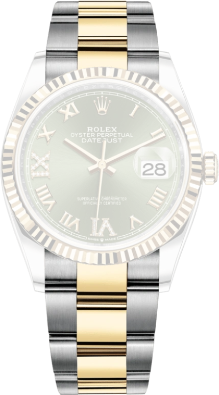 Rolex,Datejust 36 36mm,36mm,Yellow Gold,Stainless Steel,Green,Automatic,Day,70hours,126233,126233-0026