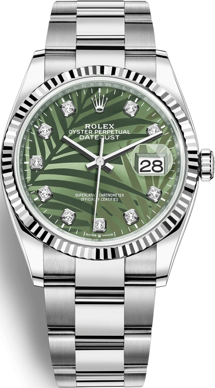 Rolex,Datejust 36 36mm,36mm,White Gold,Stainless Steel,Green,Automatic,Day,70hours,126234,126234-0056