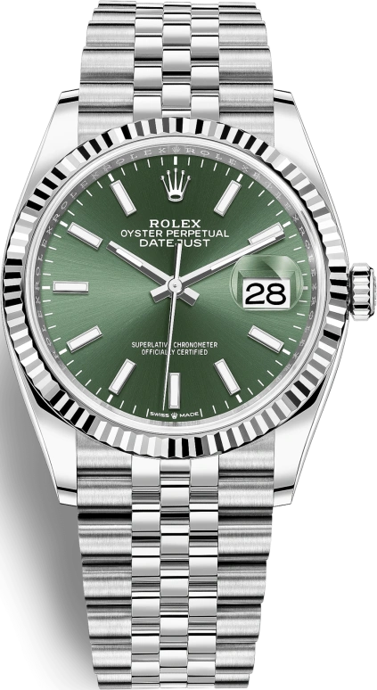 Rolex,Datejust 36 36mm,36mm,White Gold,Stainless Steel,Green,Automatic,Day,70hours,126234,126234-0051