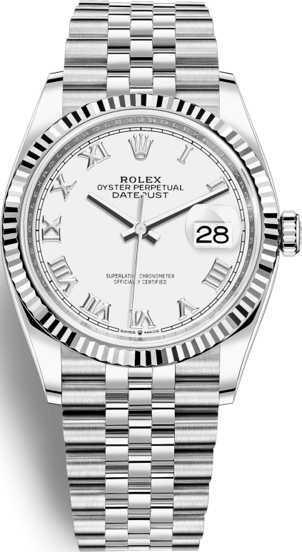 Rolex,Datejust 36 36mm,36mm,White Gold,Stainless Steel,White,Automatic,Day,70hours,126234,126234-0025