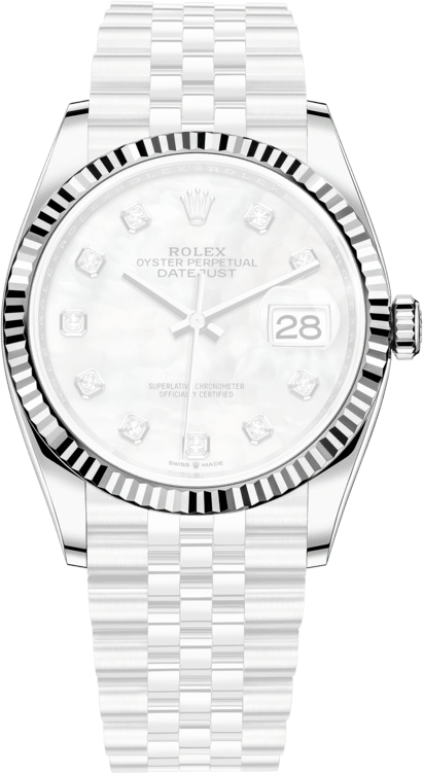 Rolex,Datejust 36 36mm,36mm,White Gold,Stainless Steel,White,Automatic,Day,70hours,126234,126234-0019