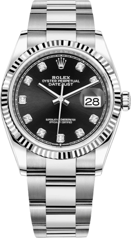 Rolex,Datejust 36 36mm,36mm,White Gold,Stainless Steel,Black,Automatic,Day,70hours,126234,126234-0028