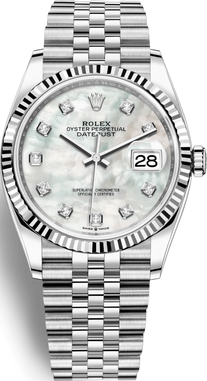 Rolex,Datejust 36 36mm,36mm,White Gold,Stainless Steel,White,Automatic,Day,70hours,126234,126234-0019