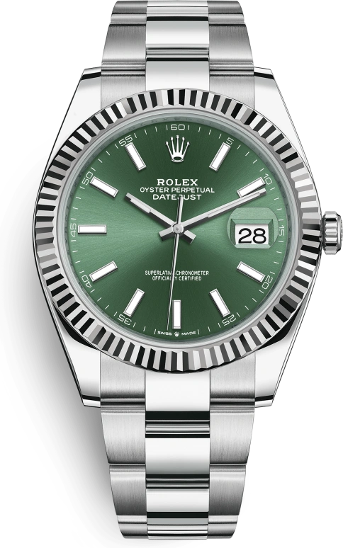 Rolex,Datejust 41 41mm,41mm,White Gold,Stainless Steel,Green,Automatic,Day,70hours,126334,126334-0027