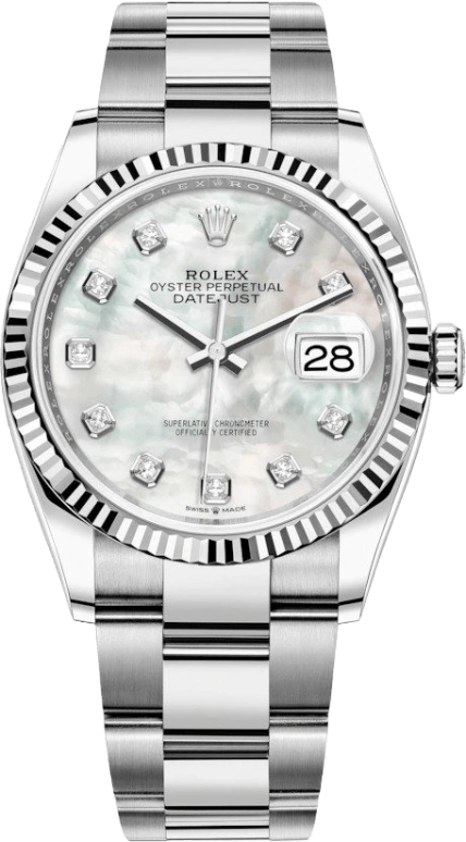 Rolex,Datejust 36 36mm,36mm,White Gold,Stainless Steel,White,Automatic,Day,70hours,126234,126234-0020