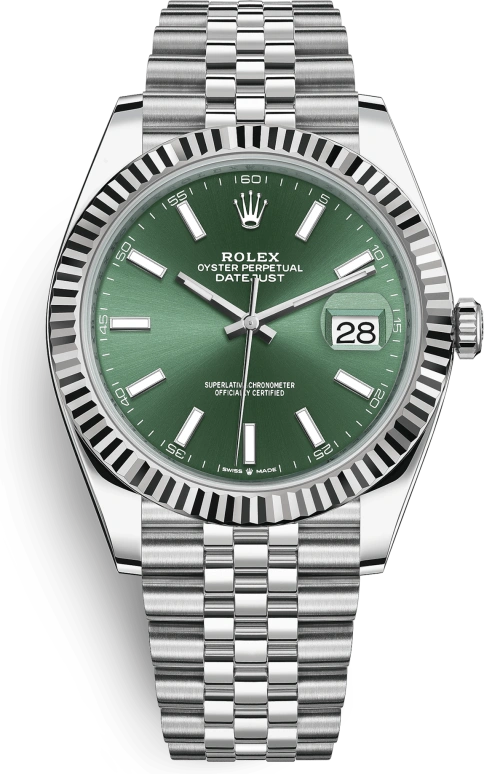 Rolex,Datejust 41 41mm,41mm,White Gold,Stainless Steel,Green,Automatic,Day,70hours,126334,126334-0028