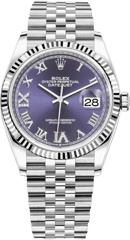 Rolex,Datejust 36 36mm,36mm,White Gold,Stainless Steel,Purple,Automatic,Day,70hours,126234,126234-0021