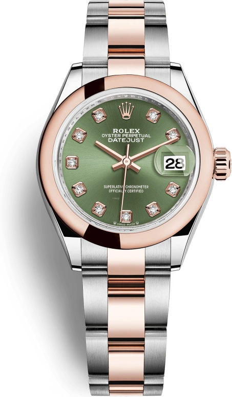 Rolex,Lady-Datejust 28mm,28mm,Rose Gold,Stainless Steel,Green,Automatic,Day,55hours,279161,279161-0008