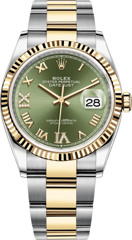 Rolex,Datejust 36 36mm,36mm,Yellow Gold,Stainless Steel,Green,Automatic,Day,70hours,126233,126233-0026