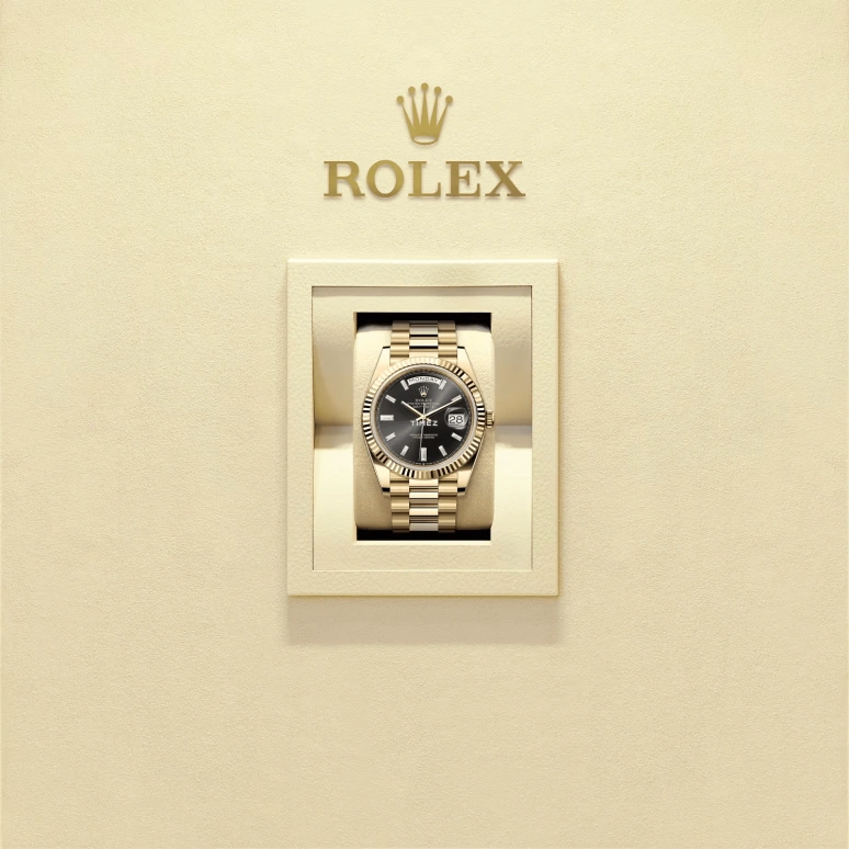 Rolex,Day-Date 40 40mm,40mm,Yellow Gold,Black,Automatic,Date,Day,Sylvester Stallone,228238,228238-0004