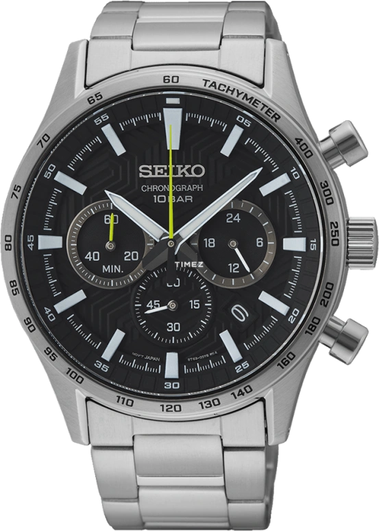 Seiko,Chronograph 43mm,43mm,Stainless Steel,Black,Quartz,Chronograph,Day,SSB413