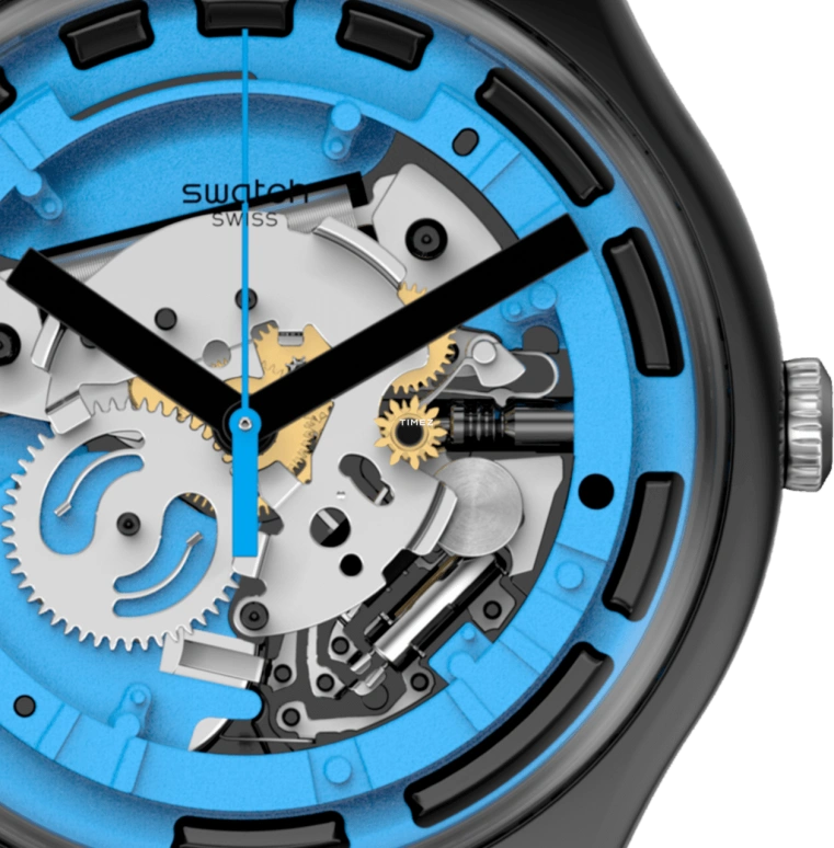 Swatch,Originals 41mm,41mm,Plastic,Blue,Skeleton,Quartz,Tonneau,Black,SUOB187