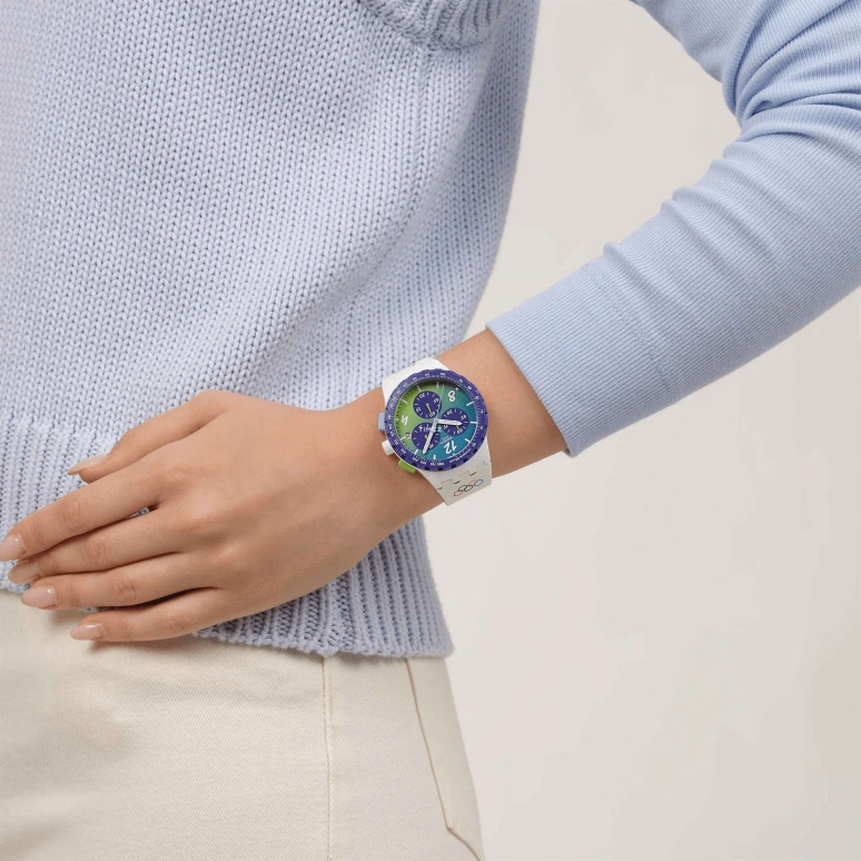 斯沃琪,原创 42毫米,42毫米,多色,绿色,蓝色,石英,计时,日历,圆形,SUSZ403