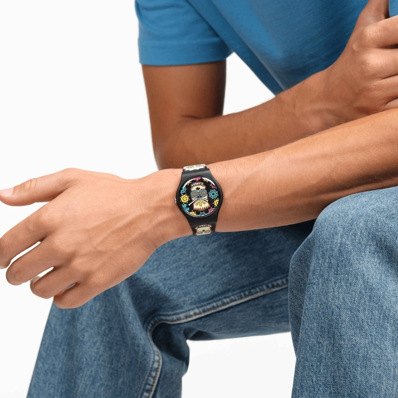 Swatch,THE SIMPSONS 41mm,41mm,Bio-sourced,Black,Multi-Color,Quartz,Round,Black,SO29Z135