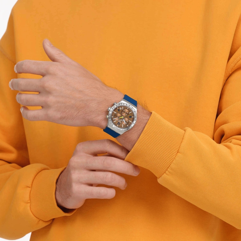 斯沃琪,IRONY 43毫米,43毫米,精钢,棕色,石英,计时,日历,YVS534