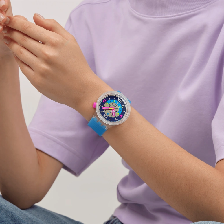 斯沃琪,NEON 47毫米,47毫米,复合材料,蓝色,灰色,石英,日历,圆形,SB01K400