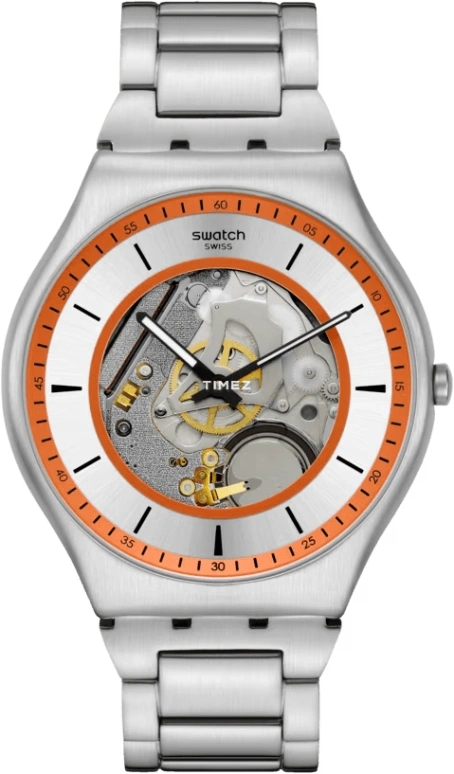 Swatch,Swatch Essentials 42mm,42mm,Stainless Steel,Grey,Skeleton,Quartz,Sapphire,Crystal Glass,Round,SS07S144G