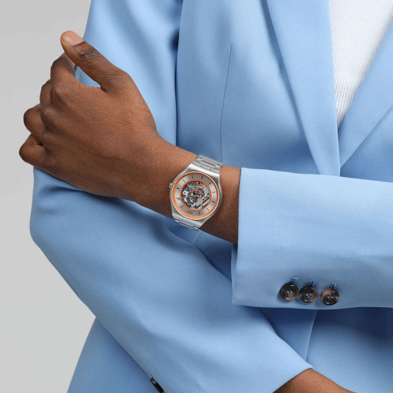 Swatch,Swatch Essentials 42mm,42mm,Stainless Steel,Grey,Skeleton,Quartz,Sapphire,Crystal Glass,Round,SS07S144G