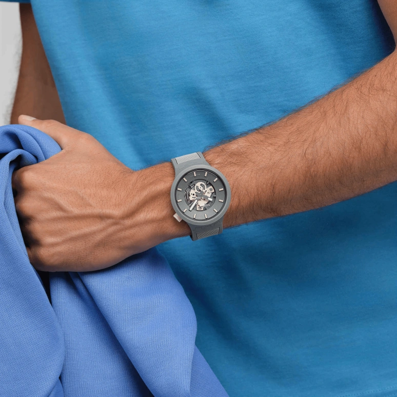 Swatch,THE BOLD 47mm,47mm,Bio-sourced,Grey,Skeleton,Quartz,Sapphire,Crystal Glass,Round,SB05M102