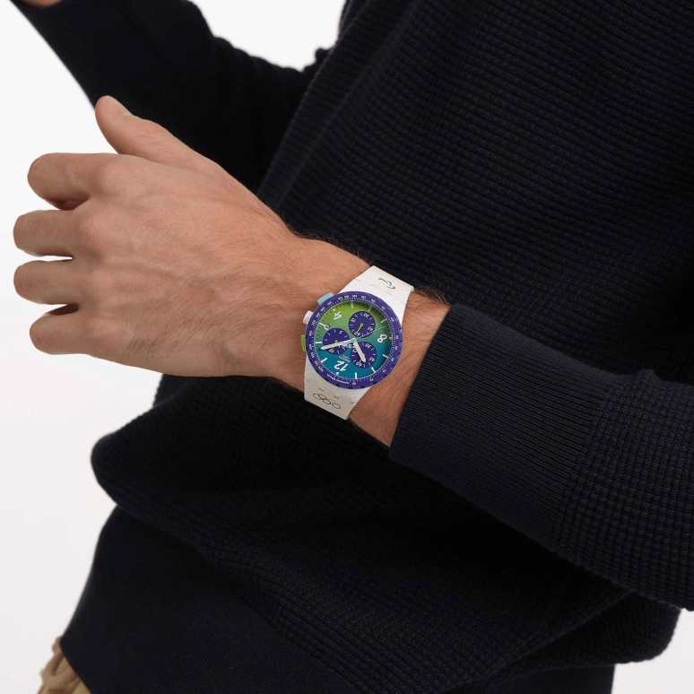 斯沃琪,原创 42毫米,42毫米,多色,绿色,蓝色,石英,计时,日历,圆形,SUSZ403