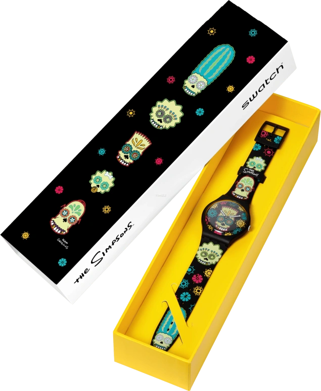 Swatch,THE SIMPSONS 41mm,41mm,Bio-sourced,Black,Multi-Color,Quartz,Round,Black,SO29Z135