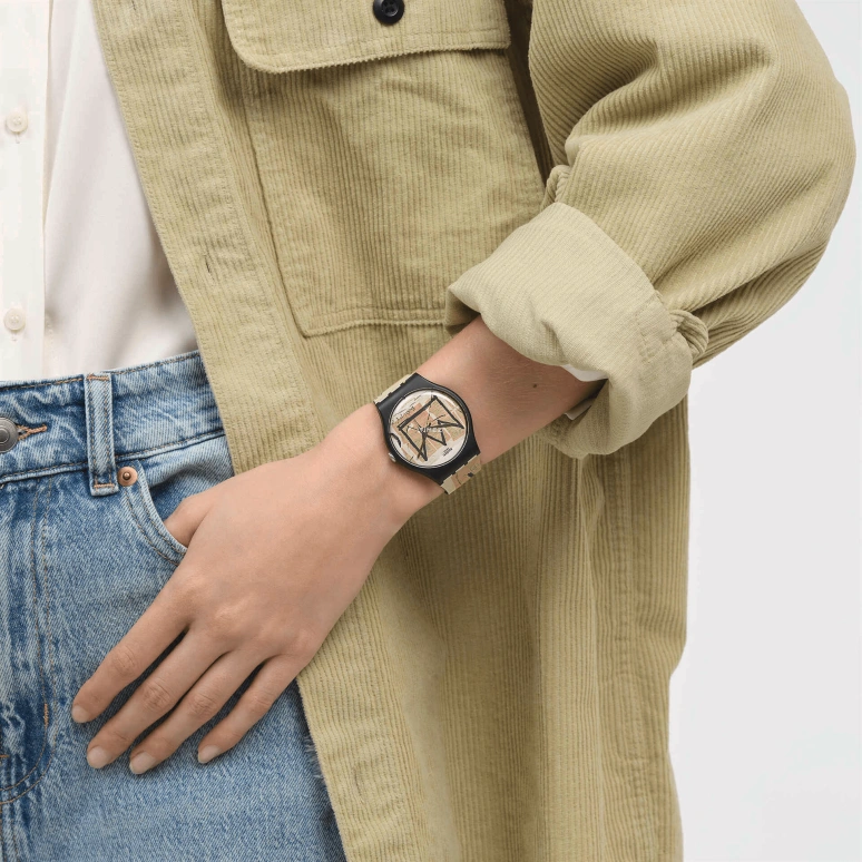 Swatch,Originals 41mm,41mm,Plastic,Yellow Tan,Black,Quartz,Round,Black,SUOZ355