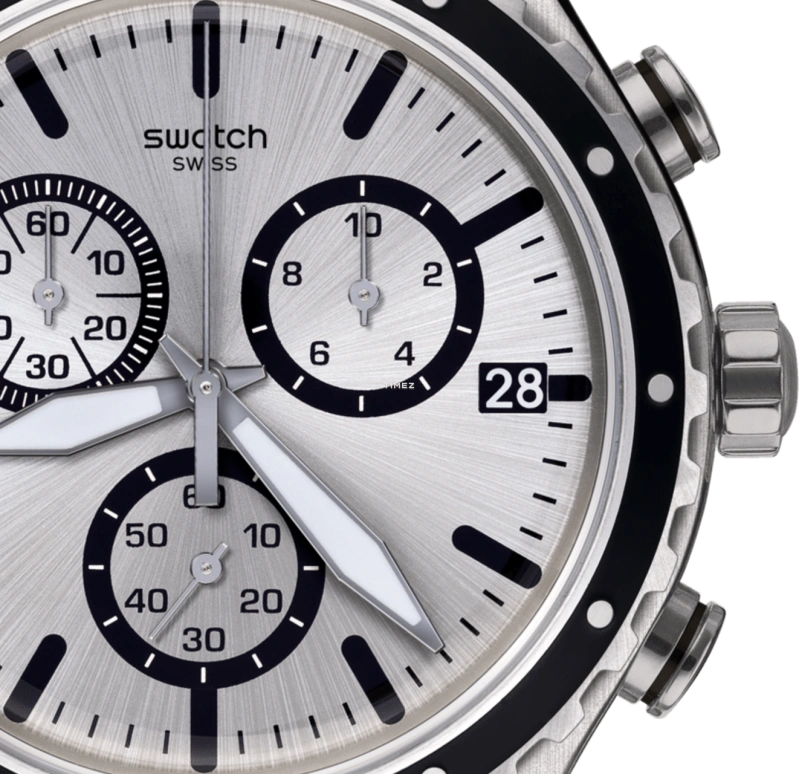 Swatch,Other 43mm,43mm,Stainless Steel,Grey,Quartz,Chronograph,Day,YVS437