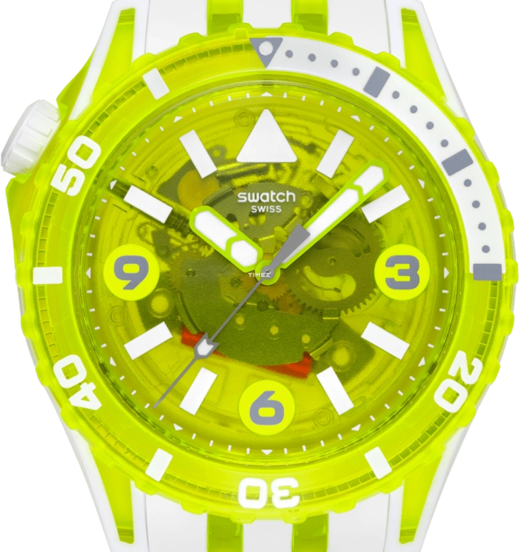 Swatch,SCUBAQUA 44x51.50mm,44x51.50mm,Bio-sourced,Bioceramic,Transparent,Yellow,Quartz,Round,Yellow,SSCU09J100